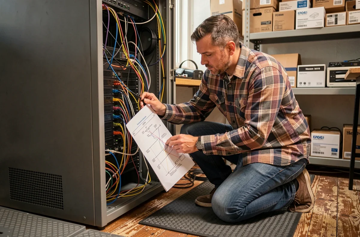 Un technicien d'Abyss Informatique câblant un rack serveur dans un atelier informatique régional spécialisé en cybersécurité