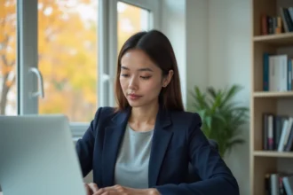 Nouvelle enseignante activant sa messagerie professionnelle académique sur un ordinateur portable dans un bureau scolaire moderne