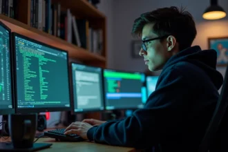 Administrateur de serveur Minecraft gratuit gérant la sécurité depuis son bureau avec plusieurs écrans de contrôle