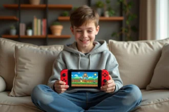 Adolescent jouant à Roblox sur Nintendo Switch en mode portable dans un salon moderne
