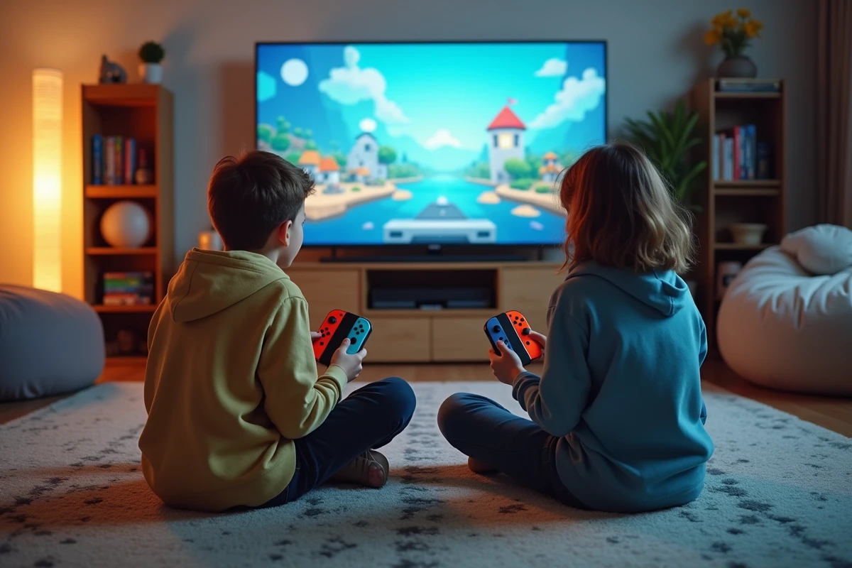Deux adolescents jouant à Roblox en multijoueur sur Nintendo Switch connectée à une TV avec Joy-Con