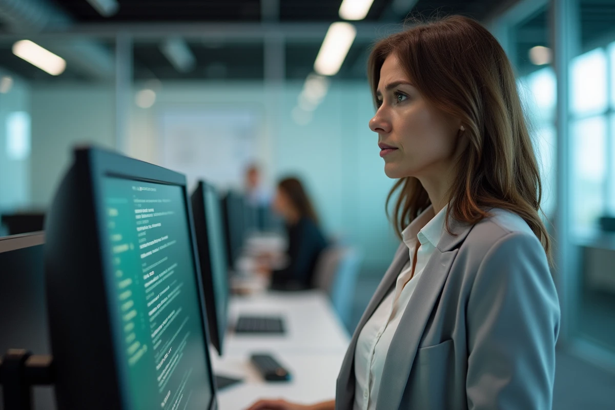 Femme en blazer gris inquiète devant un écran d'ordinateur affichant une notification de faille de sécurité Windows en entreprise