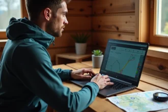 Randonneur analysant un tracé GPX avec profil d'altitude et données de vitesse sur un ordinateur portable dans un chalet de montagne