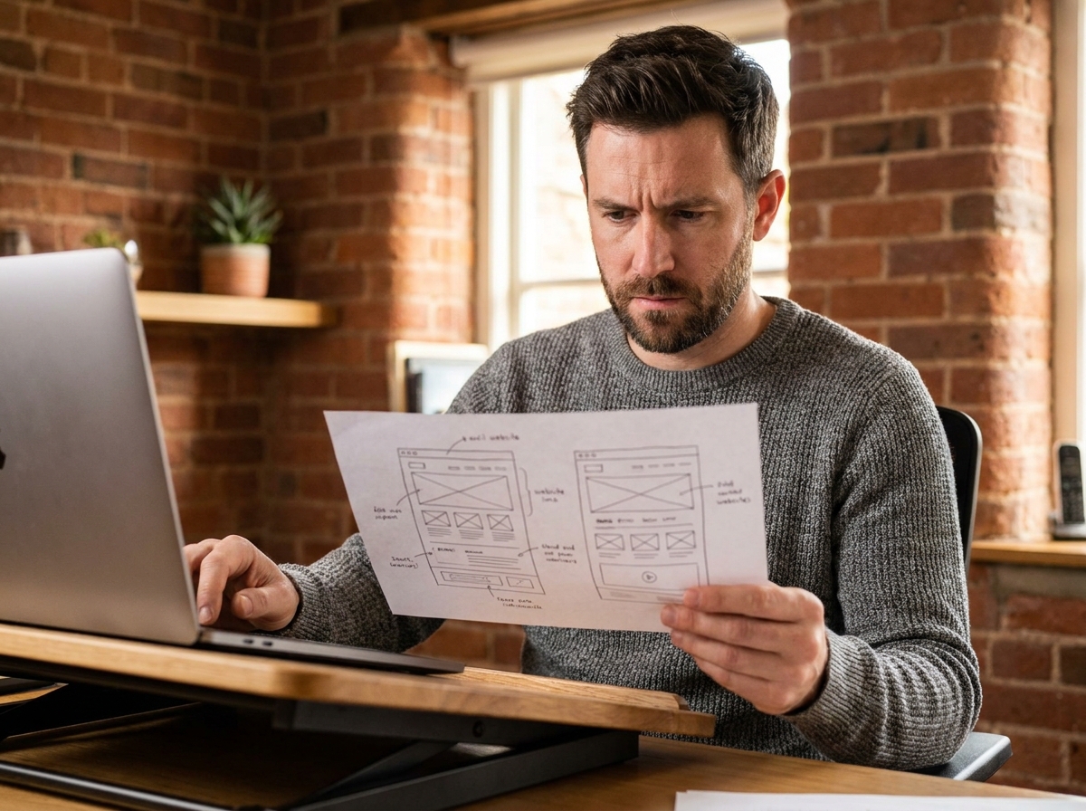 Homme en bureau à domicile analysant des maquettes de pages produit et de pages dédiées imprimées sur papier