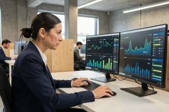 Développeuse web analysant des graphiques de performances CDN et de coûts de bande passante sur deux écrans dans un bureau moderne