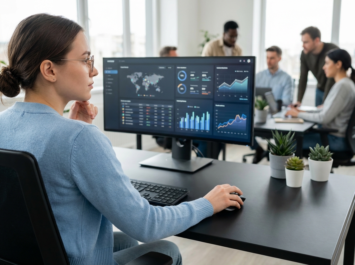 Jeune analyste de données travaillant sur un moniteur interactif