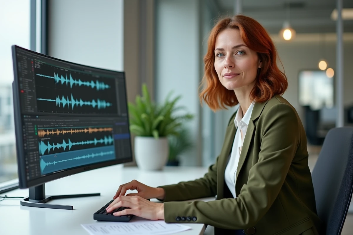Femme utilisant Audacity sur PC pour découper et convertir un fichier audio en sonnerie iPhone
