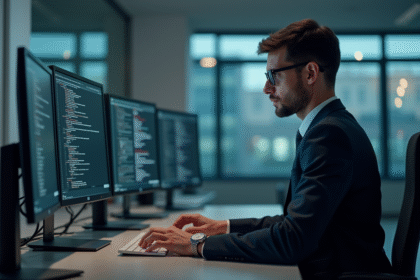 Auditeur cybersécurité homme en bureau moderne
