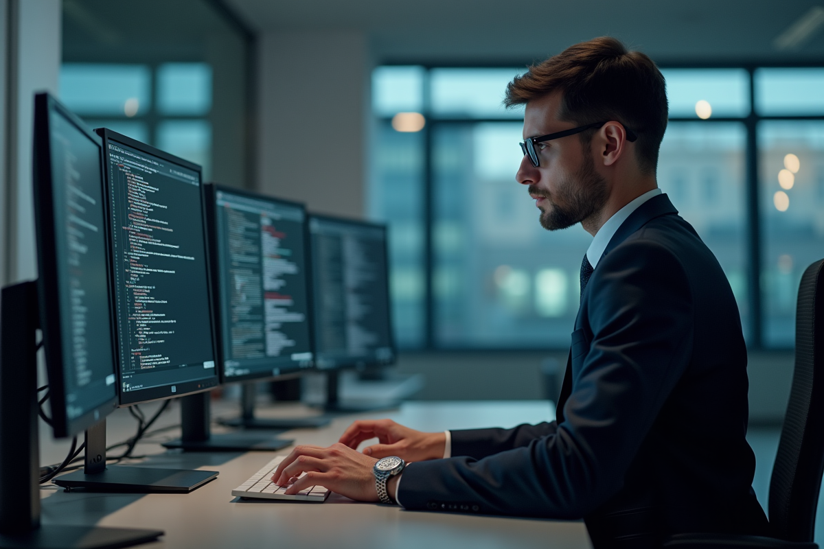 Auditeur cybersécurité homme en bureau moderne
