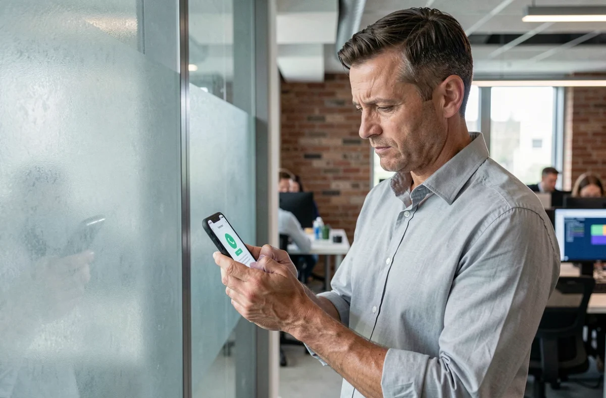 Homme vérifiant une authentification à deux facteurs sur son smartphone dans un bureau moderne