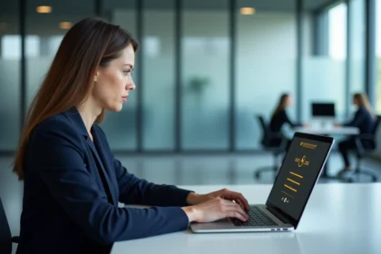 Professionnelle en entreprise accédant à un tableau de bord d'authentification sécurisée sur son ordinateur portable