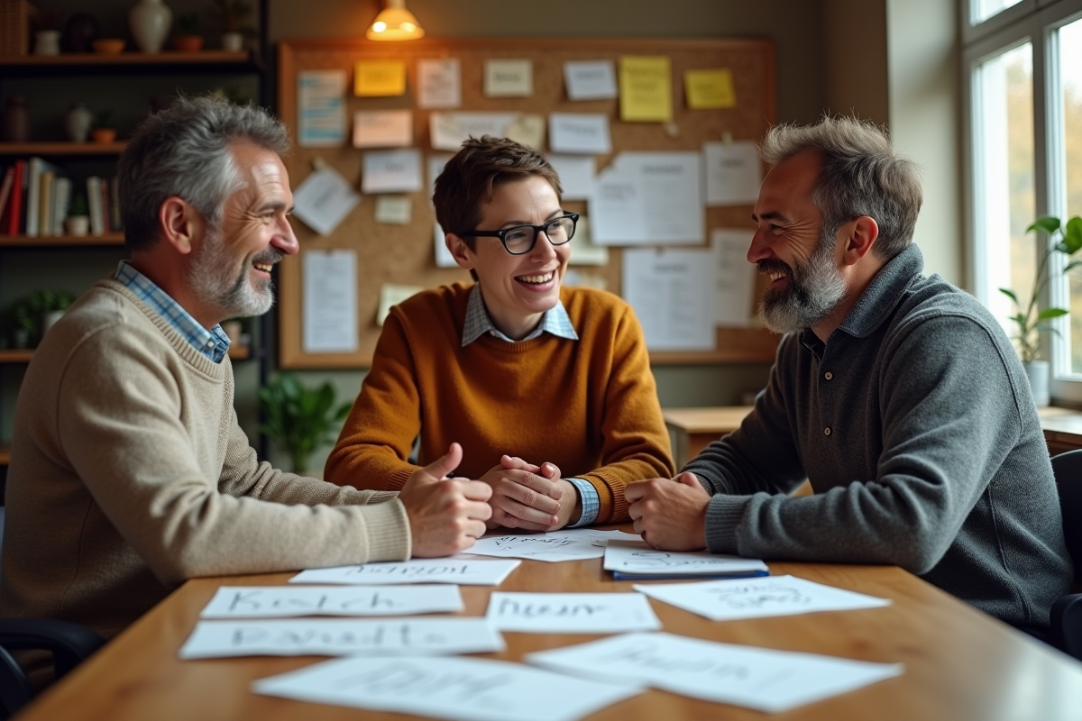 Groupe de trois personnes en brainstorming dans un bureau