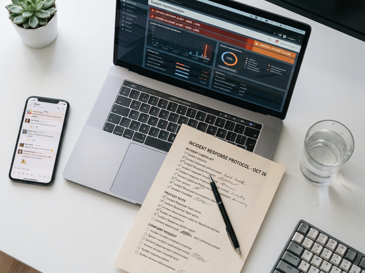 Vue de dessus du bureau d'un administrateur système gérant une crise de perte d'accès à un backoffice