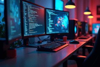 Bureau de developpeur de jeu avec ecrans de code et lumiere naturelle