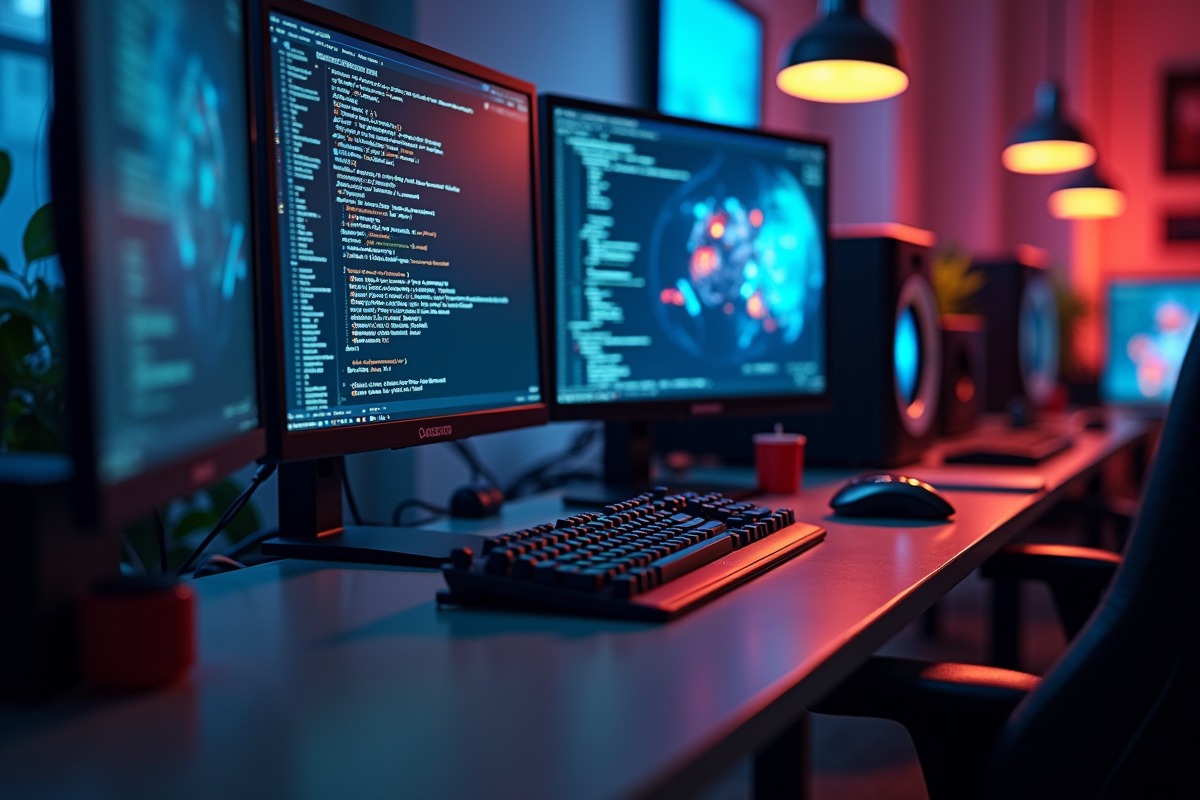 Bureau de developpeur de jeu avec ecrans de code et lumiere naturelle