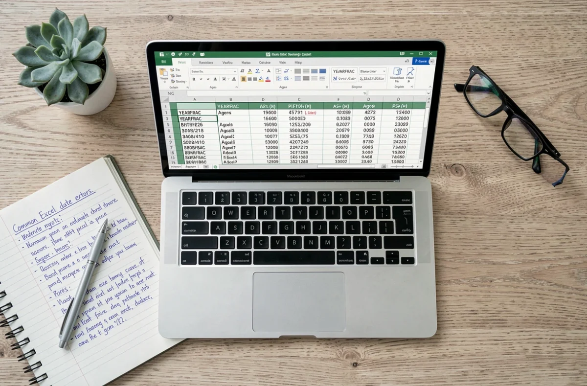 Vue aérienne d'un bureau avec un ordinateur portable affichant un tableur Excel pour le calcul d'âge et un carnet de notes sur les erreurs courantes