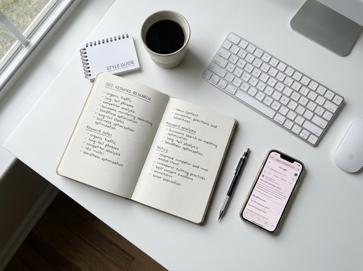 Vue de dessus d'un bureau avec des notes de recherche de mots-clés SEO et un smartphone affichant un site WordPress en première position sur Google