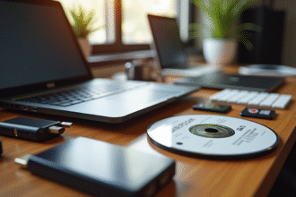 Bureau moderne avec ordinateur et disques de sauvegarde