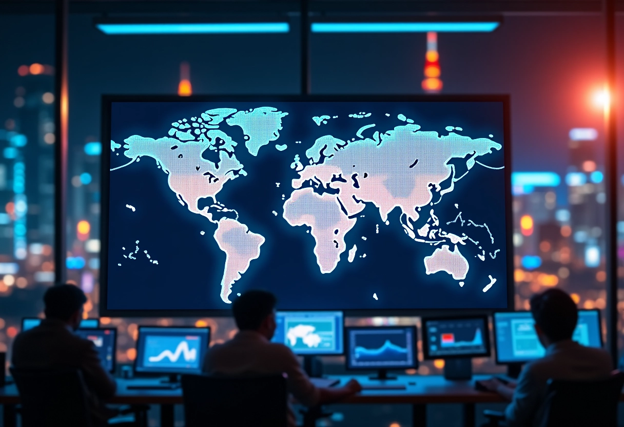 Carte du monde sur écran avec pays en surbrillance dans un bureau hightech