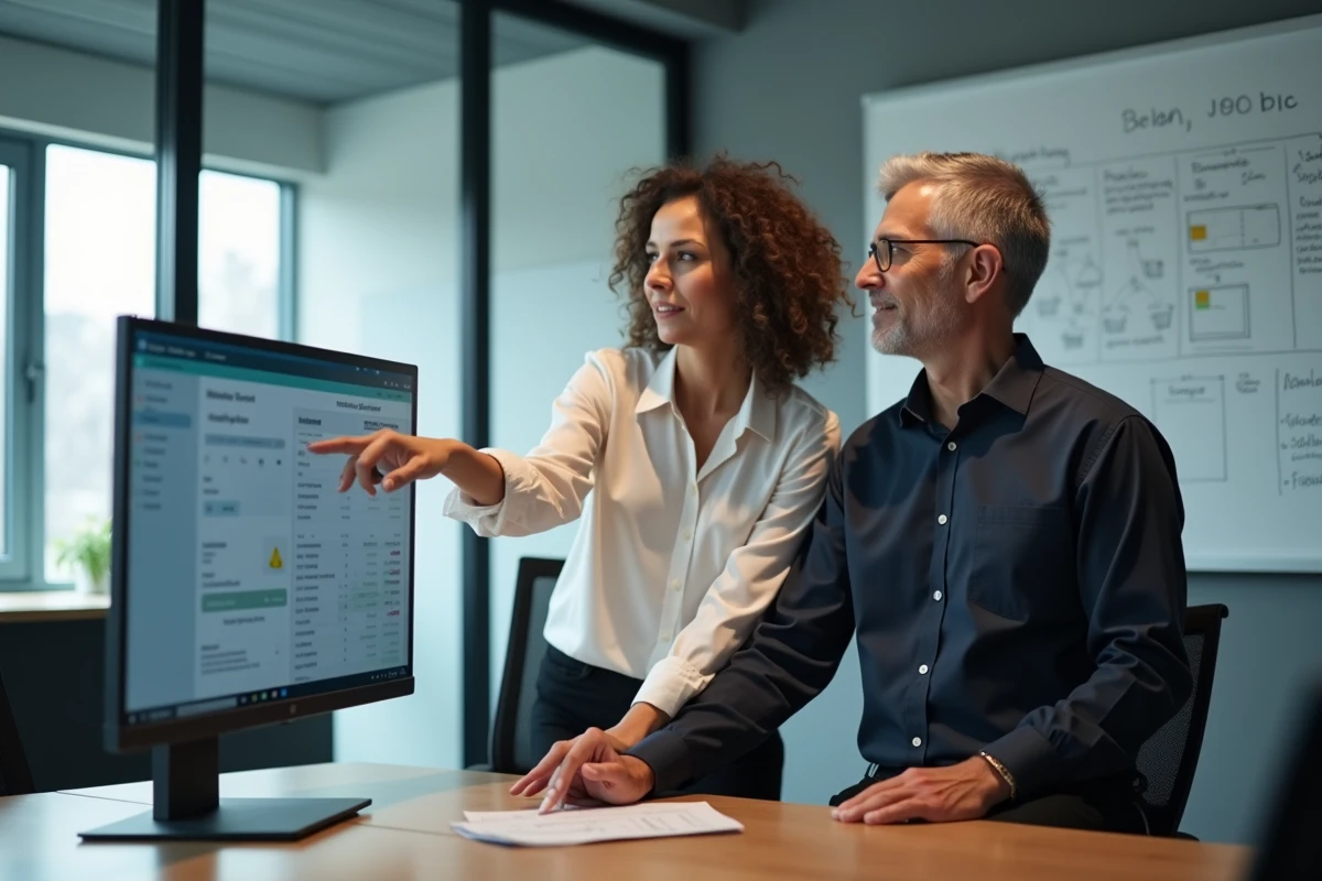 Deux collègues collaborant devant un tableau de bord GED pour configurer l'intégration d'un outil de scan documentaire