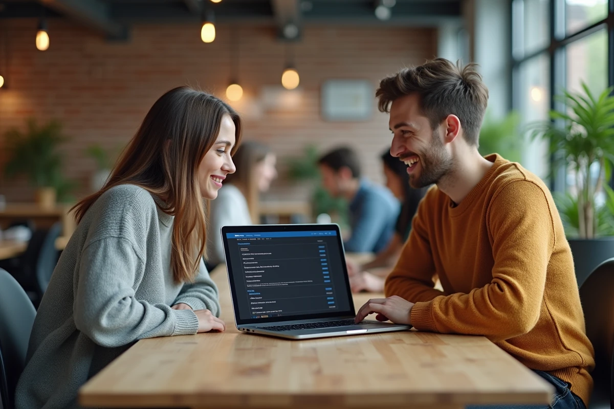 Deux administrateurs collaborant sur la configuration sécurisée d'un hébergeur serveur Minecraft gratuit en espace de coworking