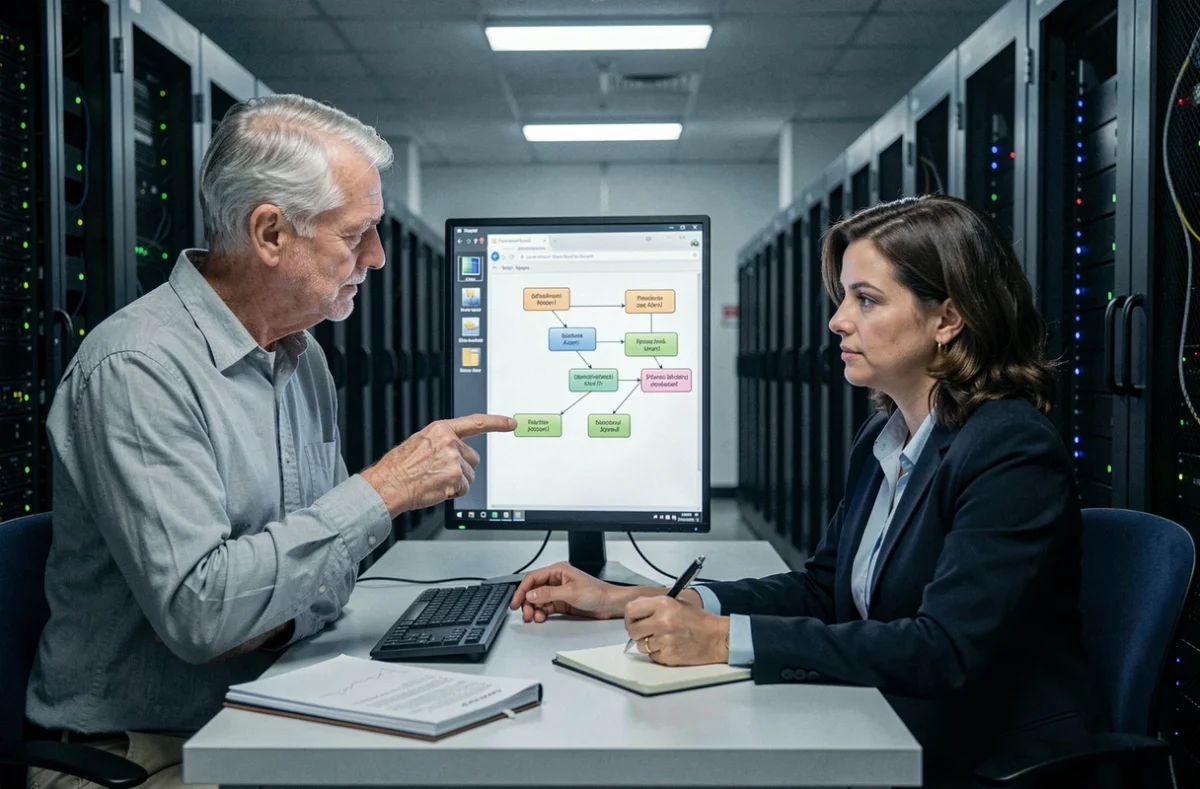 Deux développeurs seniors examinant la documentation de sécurité pour le parsing XML Python dans une salle serveurs