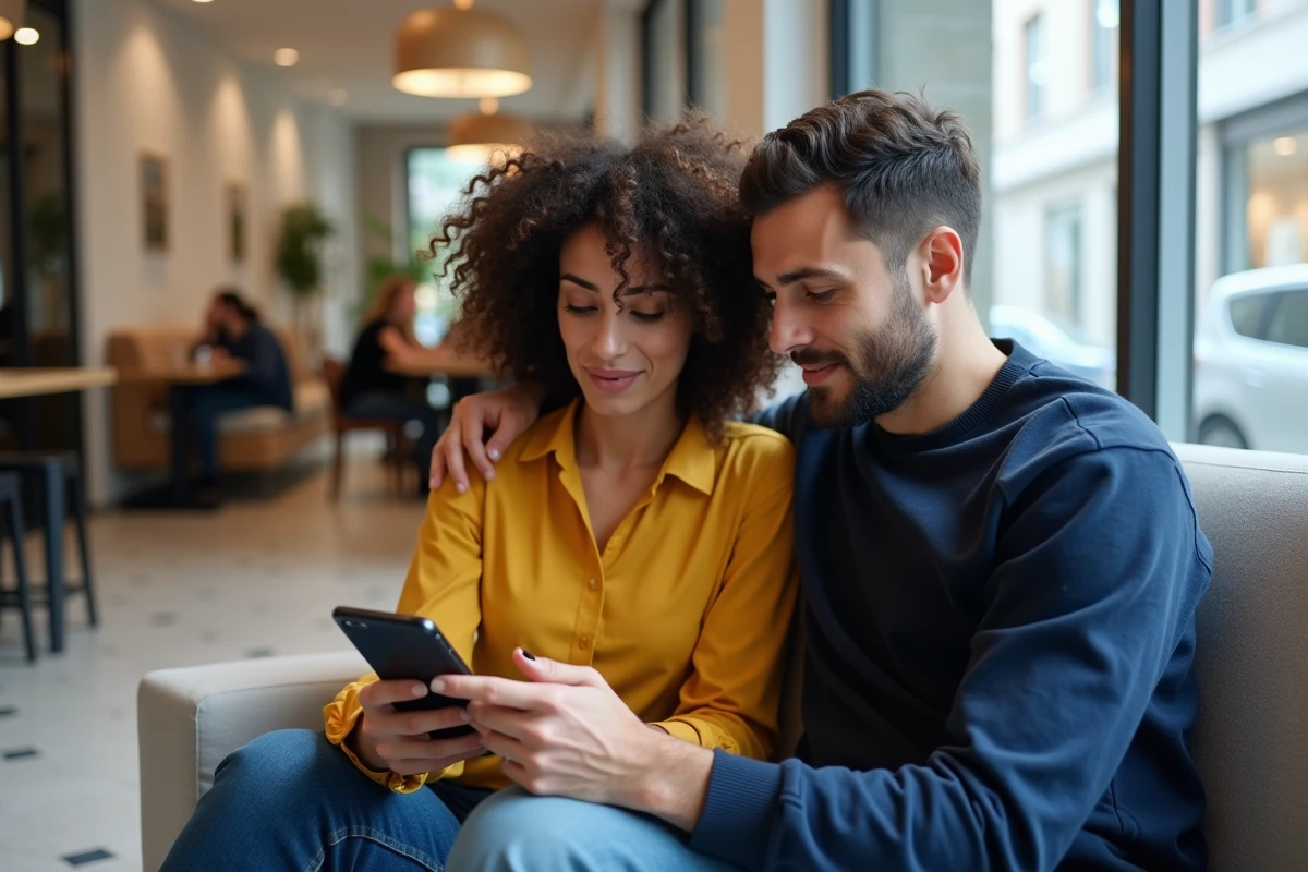 Deux collègues découvrant ensemble une application de conversation IA en français sur smartphone dans un café moderne