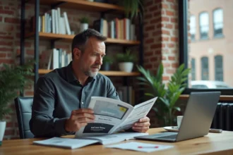 Homme comparant un magazine tech imprimé et un blog numérique sur ordinateur portable dans un bureau moderne