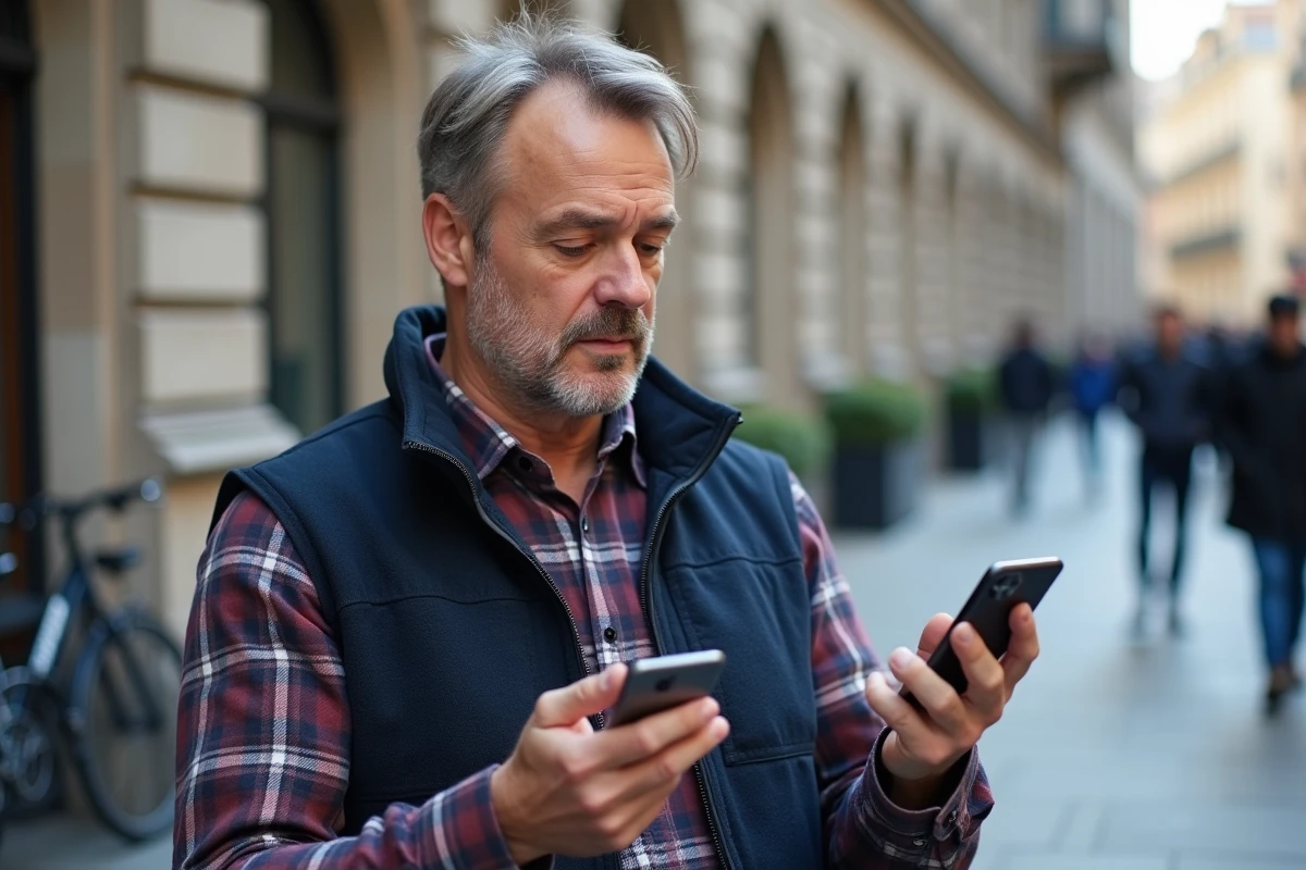 Homme en ville comparant un iPhone SE compact à un grand smartphone moderne, illustrant le choix rapport qualité-prix