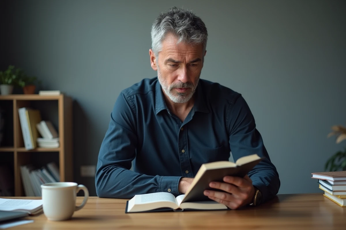 Homme comparant un livre papier et une liseuse Kindle sur un bureau en bois