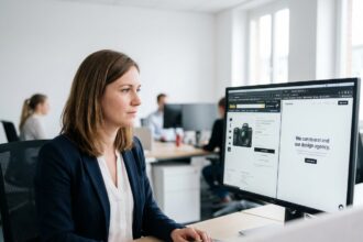 Femme en blazer marine comparant une page produit et une page dédiée sur un écran d'ordinateur dans un bureau moderne