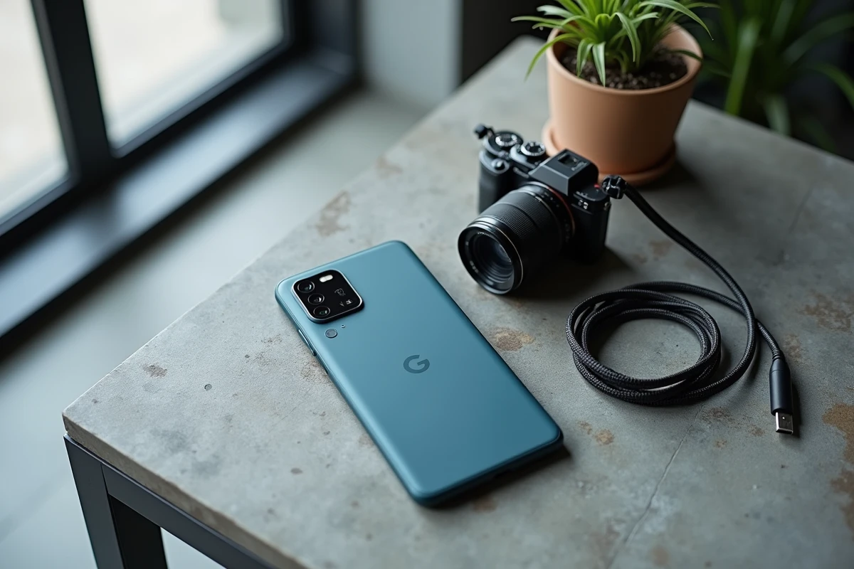Comparaison matériel vidéo : Google Pixel 8 Pro posé à côté d'un appareil photo mirrorless sur béton