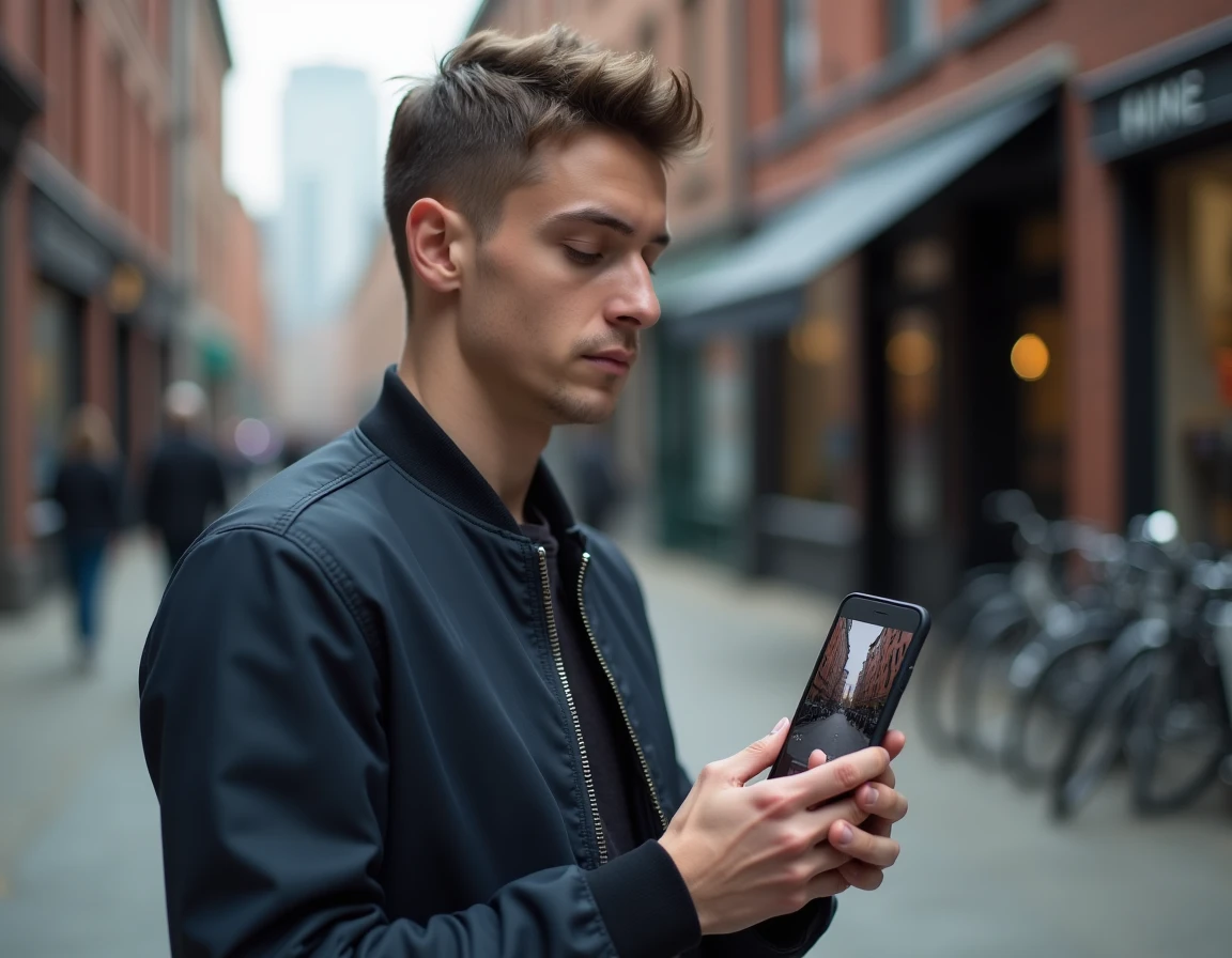Jeune homme comparant la qualité d'une photo compressée et originale sur son smartphone en ville