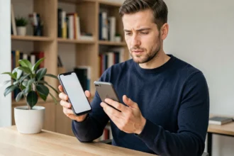 Homme comparant deux smartphones Samsung haut de gamme côte à côte dans un bureau minimaliste