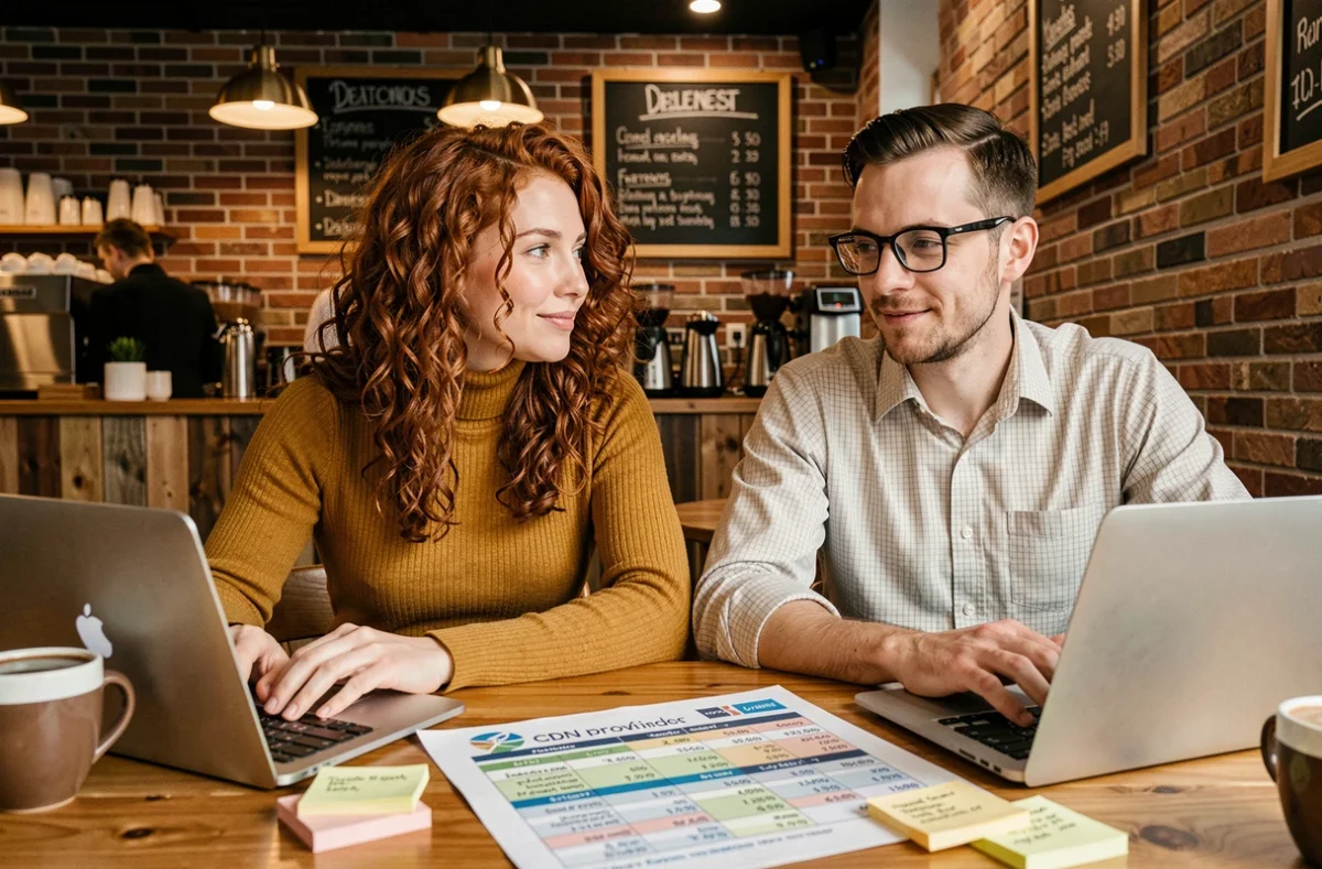Deux développeurs comparant des offres tarifaires de fournisseurs CDN sur ordinateurs portables dans un café avec tableaux de prix imprimés