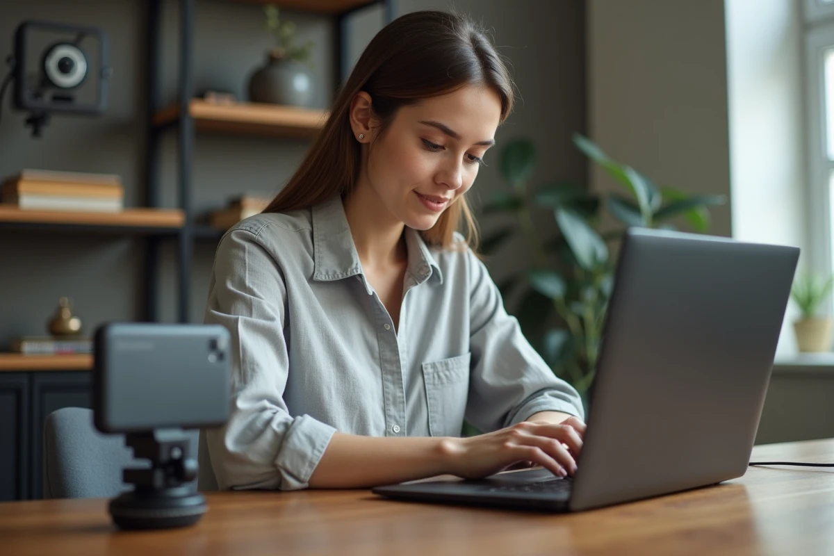 Femme comparant la qualité vidéo du Google Pixel 8 Pro avec une caméra sur un bureau de studio maison