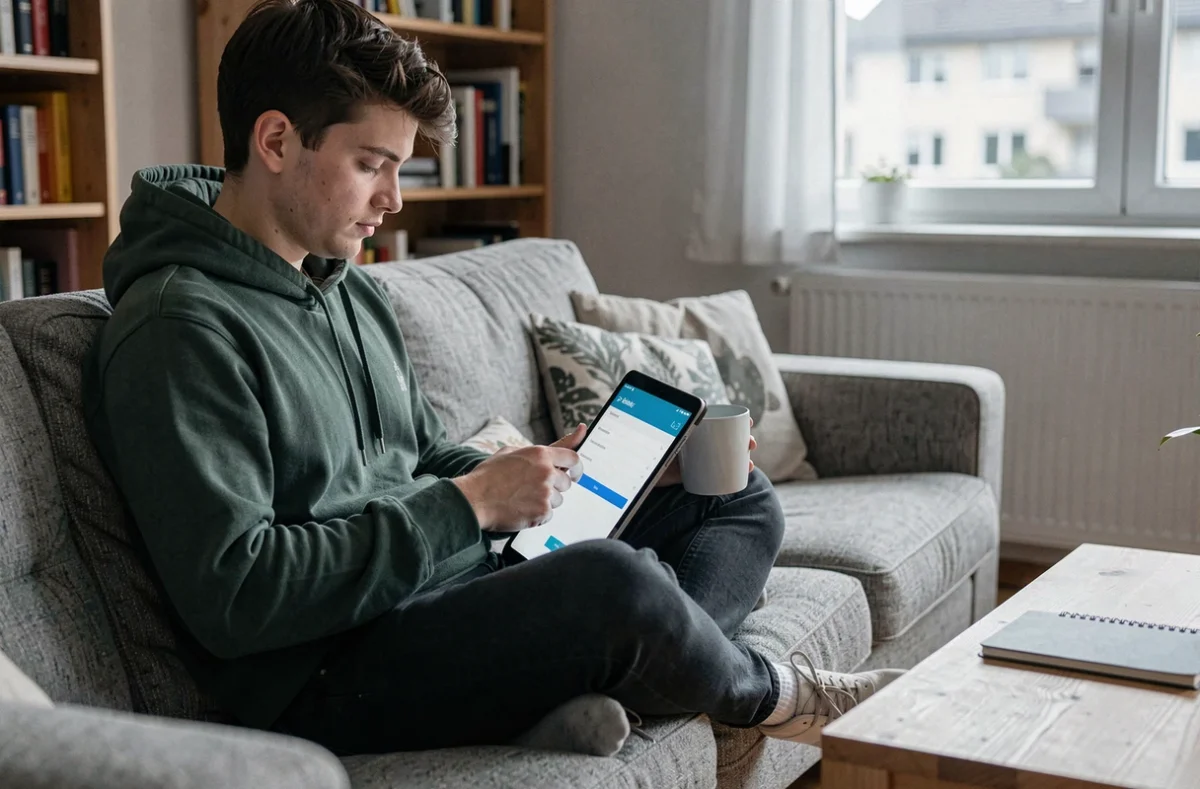 Jeune personne consultant les paramètres de confidentialité d'un webmail académique sur une tablette depuis son domicile à Grenoble