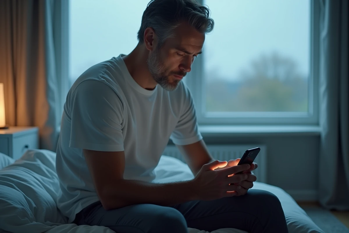 Homme assis sur le bord de son lit en train de configurer les paramètres d'alarme sur son iPhone