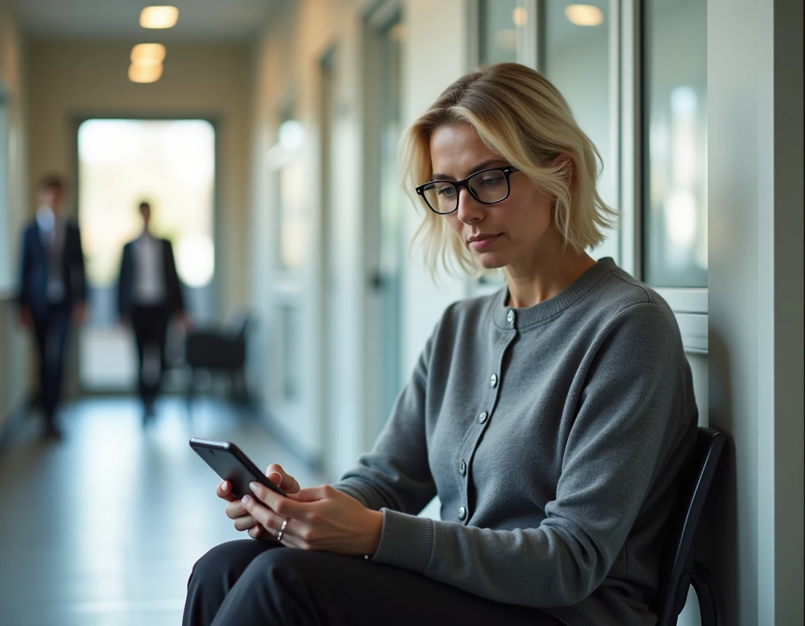 Enseignante nouvelle dans l'académie configurant sa messagerie professionnelle sur smartphone dans un couloir de lycée