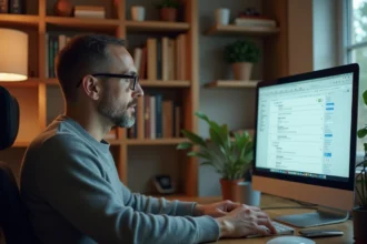 Homme configurant sa messagerie internet sur un ordinateur de bureau dans un bureau à domicile moderne