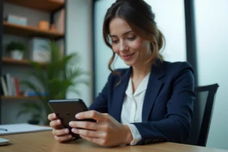 Femme configurant la messagerie webmail académique de Normandie sur un smartphone Android dans un bureau à domicile