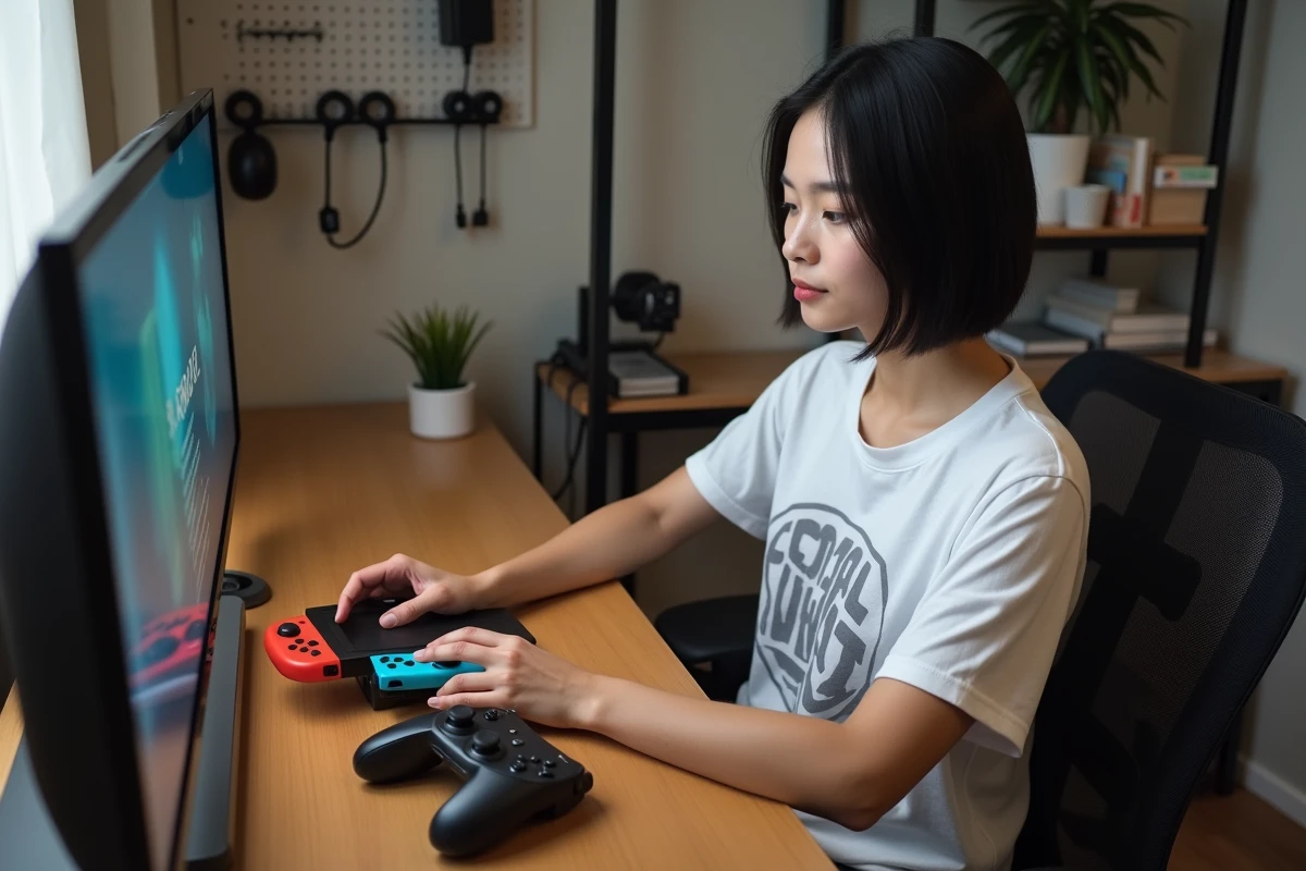 Configuration Nintendo Switch avec manettes Pro Controller et Joy-Con sur un bureau gaming organisé
