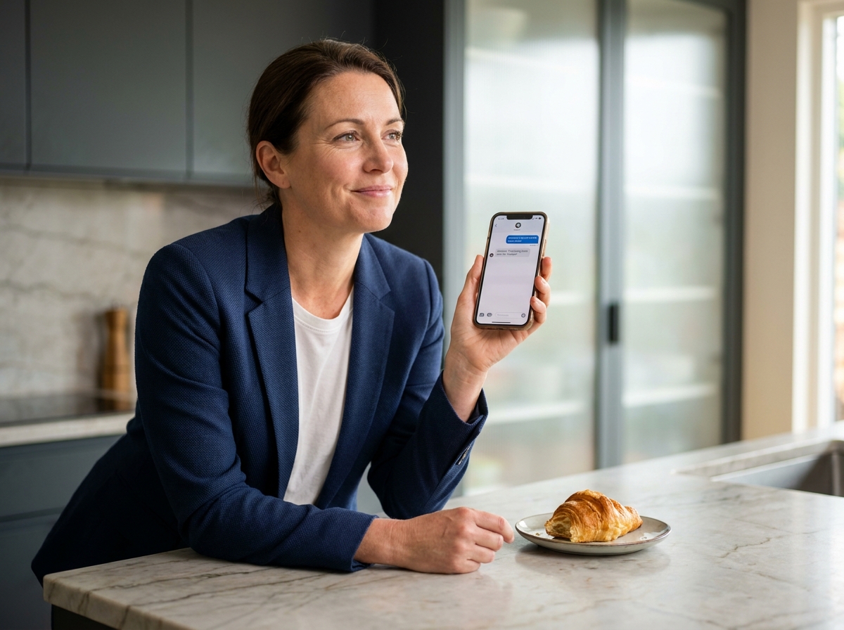 Femme freelance consultante utilisant un assistant virtuel sur smartphone depuis son domicile