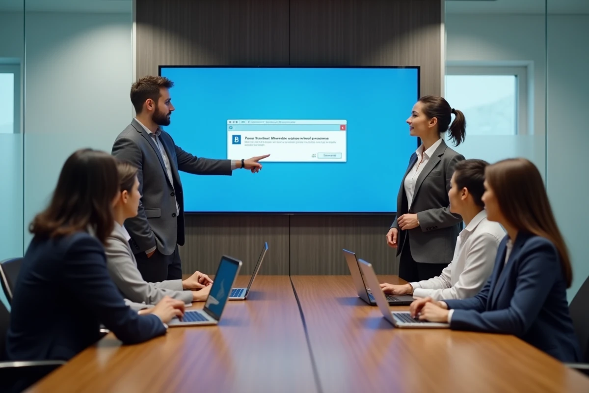 Consultante présentant une stratégie de migration depuis Silverlight lors d'une réunion d'entreprise avec des collègues