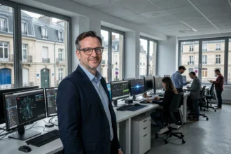 Un consultant en cybersécurité dans un bureau moderne en Centre-Val de Loire, entouré d'écrans affichant des tableaux de bord de sécurité réseau