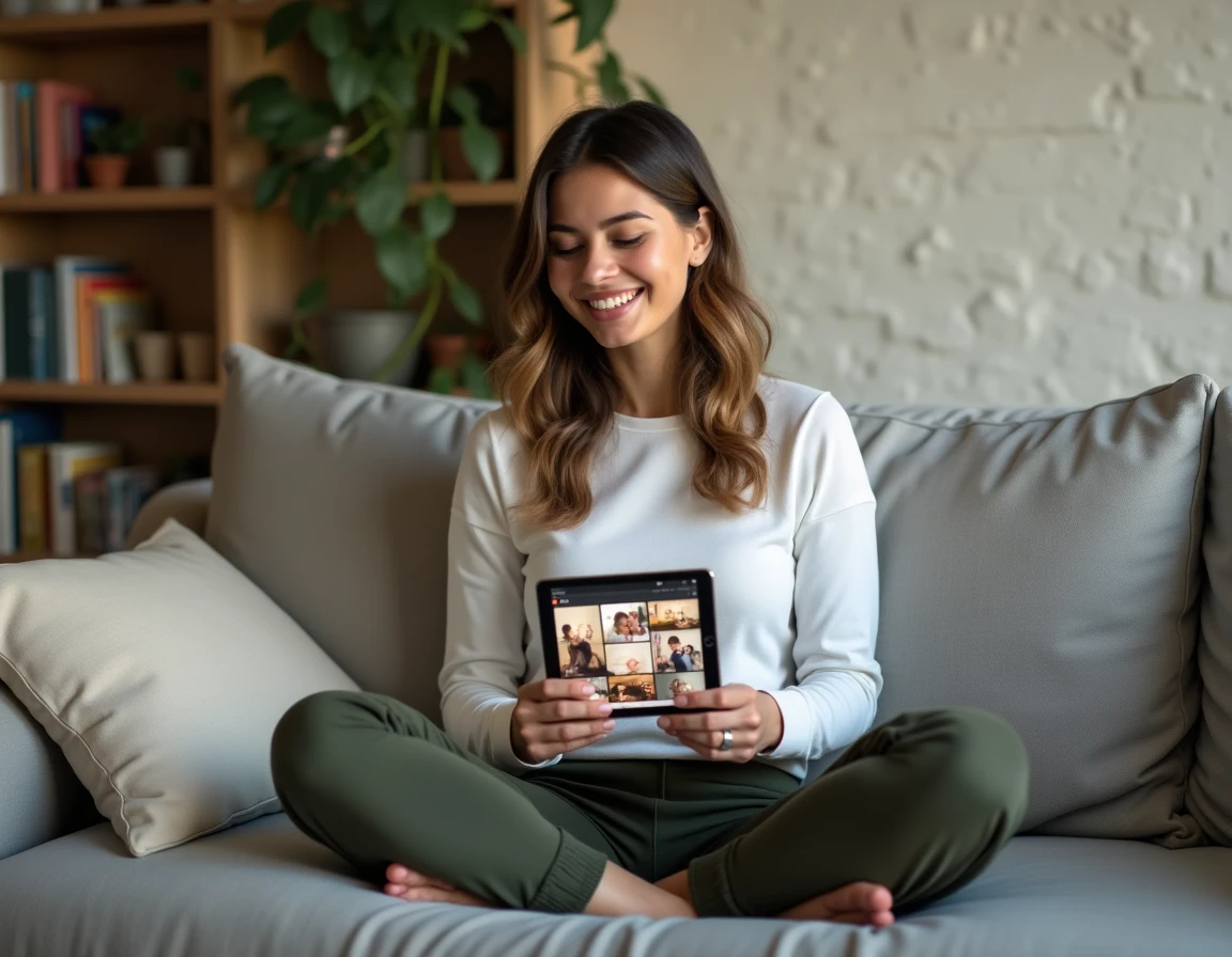 Femme consultant son profil de réseau social avec des photos de haute qualité sur une tablette dans son salon