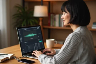 Femme utilisant iTunes sur MacBook pour convertir un fichier audio en sonnerie iPhone via câble USB
