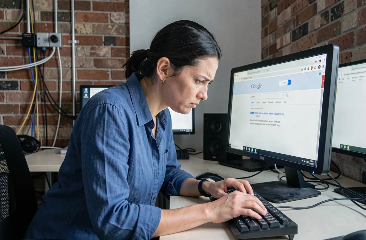 Femme cherchant à corriger une erreur d'accès à Google USA sur son ordinateur de bureau