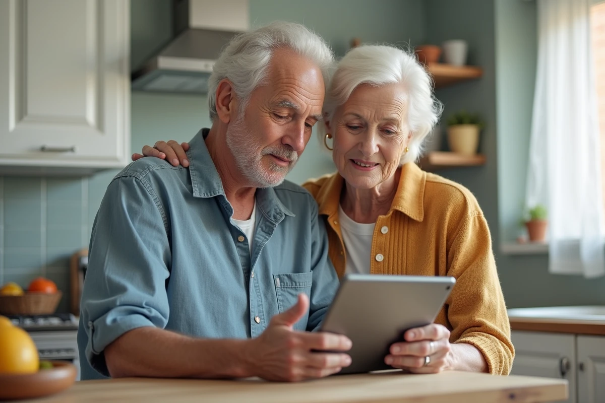 Couple senior consultant un guide de configuration de messagerie internet sur une tablette dans leur cuisine