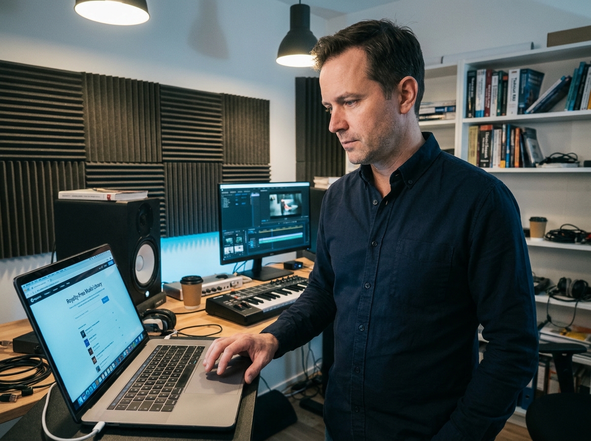 Homme en studio d'enregistrement d'entreprise sélectionnant une musique libre de droits pour une vidéo professionnelle